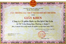 Cholontourist nhận giấy khen của cục thuế vì thành tích chấp hành tốt chính sách thuế 2015